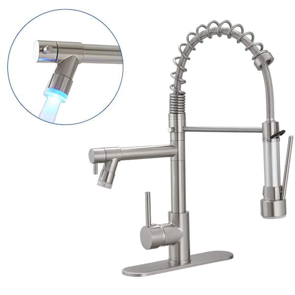 HOMEMYSTIQUE Pro Style Spring Single Handle Brushed Nickel 18.4 in. H Pull-Down Faucet W/ 180 Swivel and LED Pot Filler