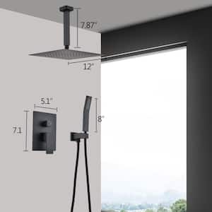 2-Spray Patterns 12 in. Ceiling Mount Square Rainfall Dual Shower Heads with Handheld in Matte Black-12 in.