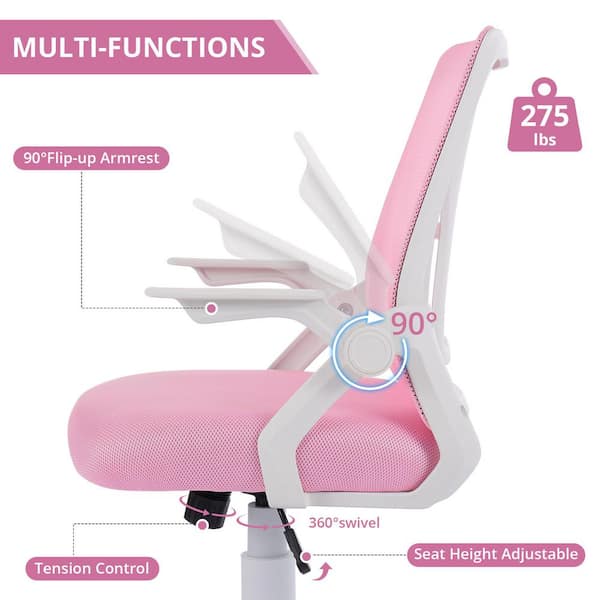 Office Chair for Computer Task Work Fabric Swivel Ergonomic Task Chair in Pink Mesh Lumbar Support with Adjustable Arms