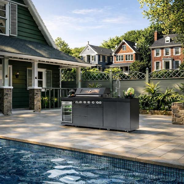 6-Burner Propane Gas Grill Island with Rotisserie Outdoor Rated Refrigerator and Sink Cabinet in Stainless Steel