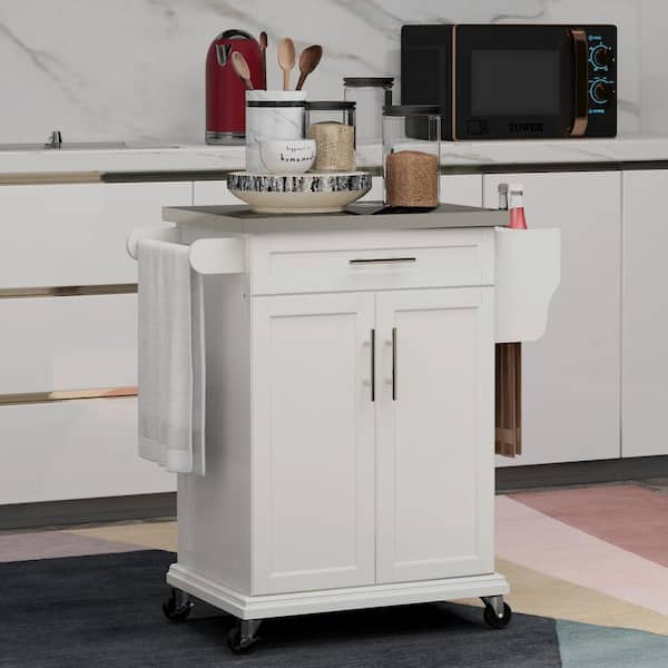 Cream White Wood 33.00 in. Kitchen Island on Wheels, Rolling Kitchen Cart with Stainless Steel Countertop and Drawer