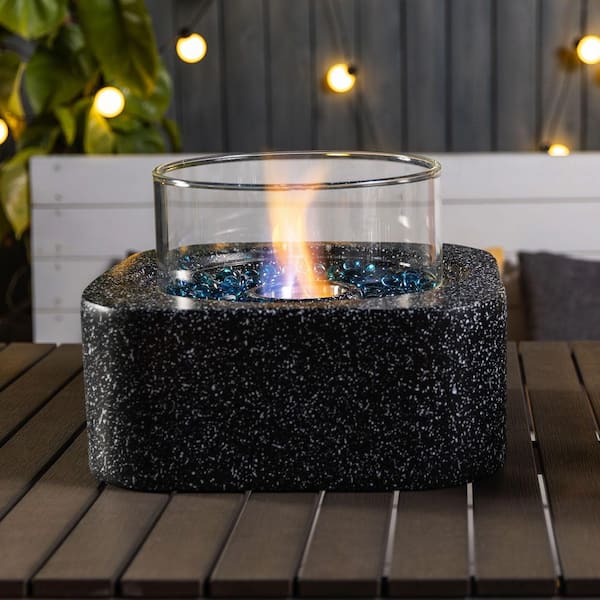 Black Square Concrete Outdoor Fire Pit with Glass Wind Guard