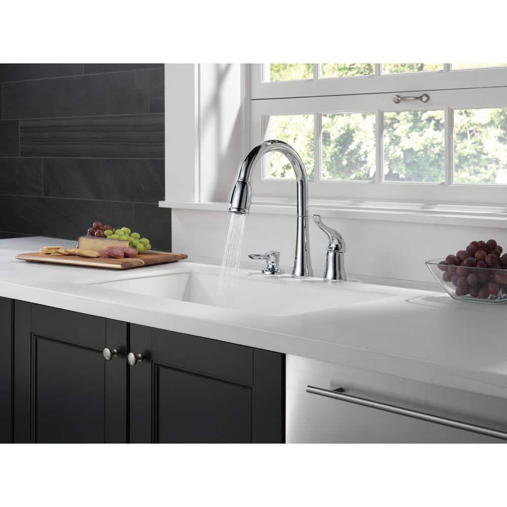 Transitional 14'' Chrome Brass Deck Mounted Kitchen Faucet with Soap Dispenser