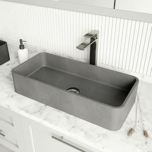 Concreto Stone 24 in. Rectangular Vessel Bathroom Sink in Gray with Norfolk Faucet and Pop-Up Drain in Brushed Nickel