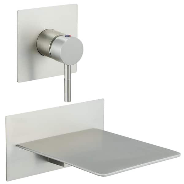 1-Handle Wall Mount Roman Tub Faucet with Waterfall Spout in Brushed Nickel