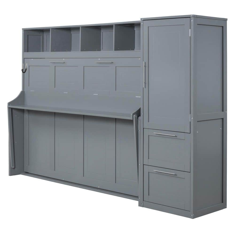 White Multifunctional Wood Frame Full Size Murphy Bed with Closet and Drawers - thumbnail 3