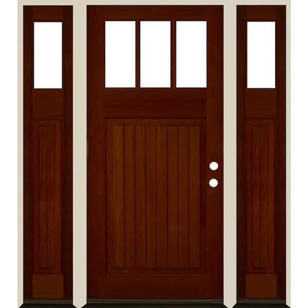 Krosswood Doors 64 in. x 80 in. Craftsman 3-Lite Clear Glass VG Red Chestnut Stain Left Hand Hemlock Wood Prehung Front Door w/DSL