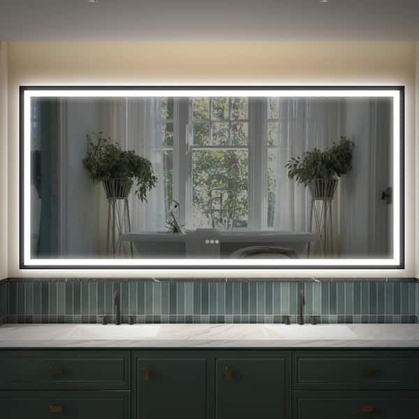 WELLFOR 84 in. W x 40 in. H Rectangular Aluminium Framed Anti Fog Dimmable LED Wall Bathroom Vanity Mirror in Black
