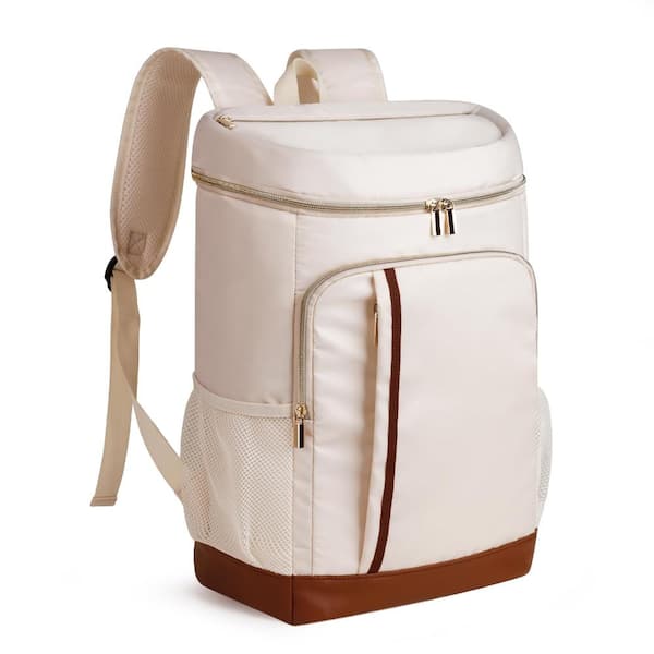 Creamy White Two Compartments Insulated Cooler Picnic Backpack, 35 Cans Waterproof Cooler Bag