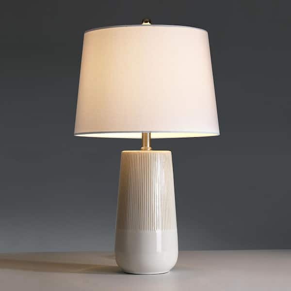 23 in. 3-Way White Ceramic Table Lamp Set with White Shades (Set of 2)