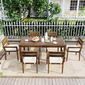 7-Piece Dark Brown Wood Patio Outdoor Dining Set with Beige Cushions for gardens, backyards