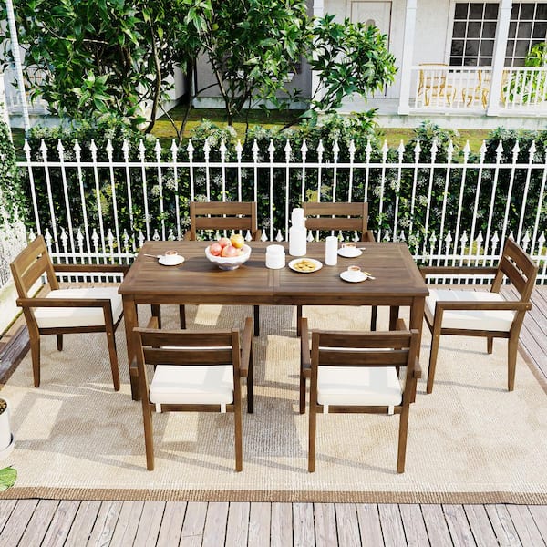 Zeus & Ruta 7-Piece Dark Brown Wood Patio Outdoor Dining Set with Beige Cushions for gardens, backyards