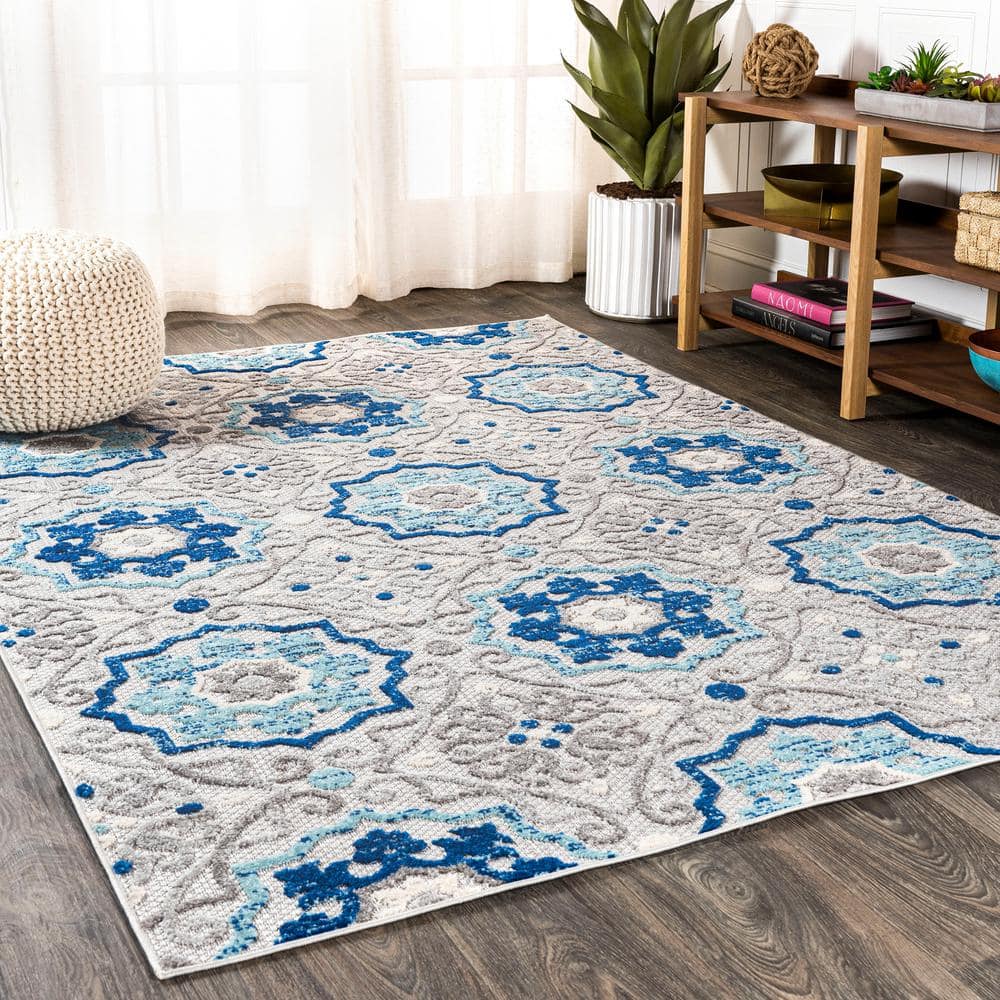 Blue and Gray Synthetic Medallion Reversible Area Rug