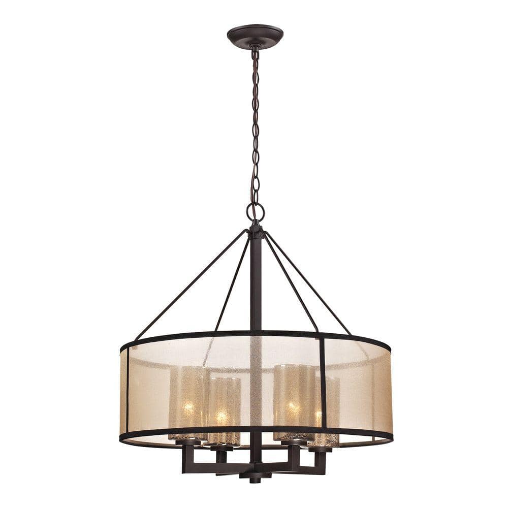 Oil Rubbed Bronze Drum Chandelier with Mercury Glass and Beige Fabric Shade
