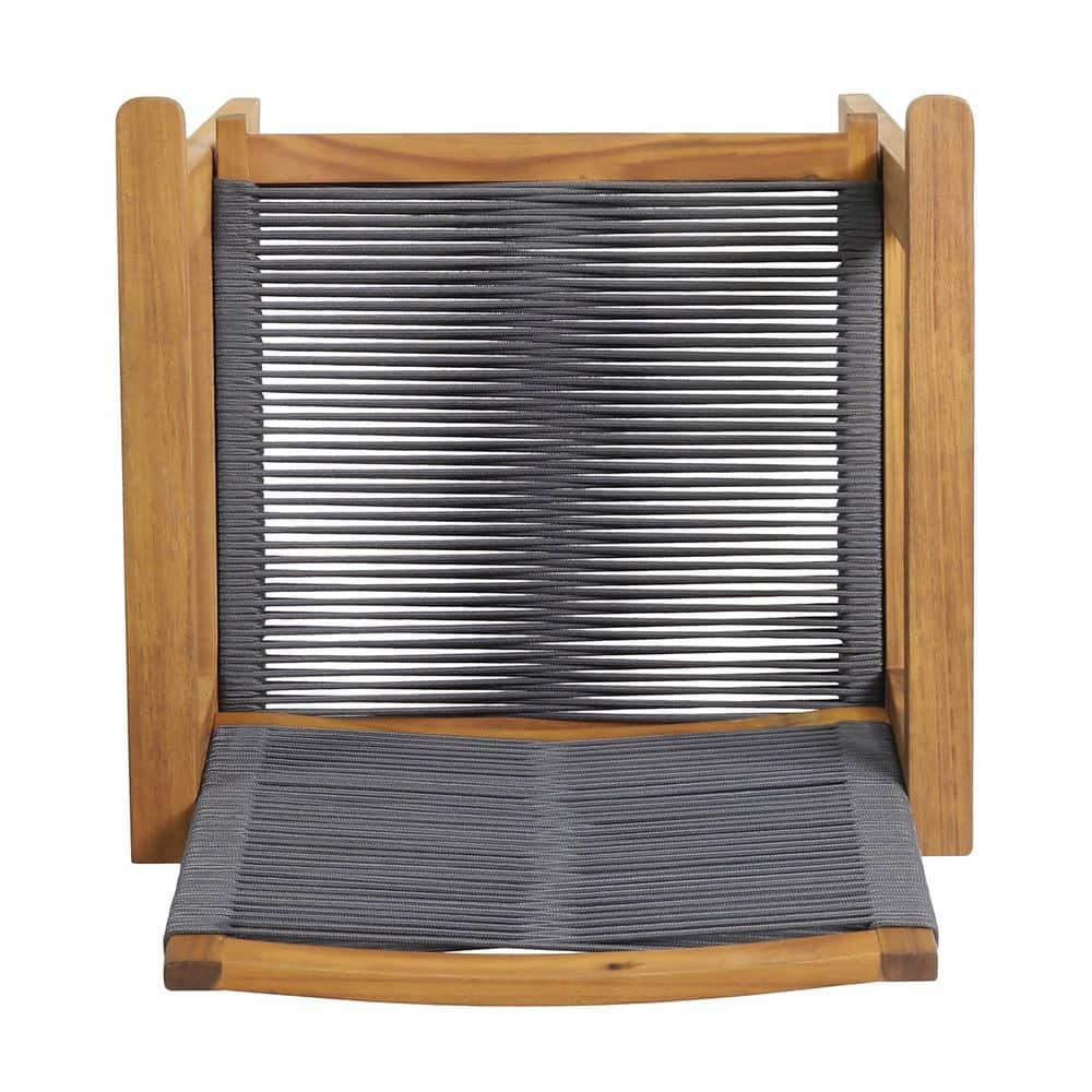 Outdoor dining chair with wooden frame and gray woven seat, rear view.