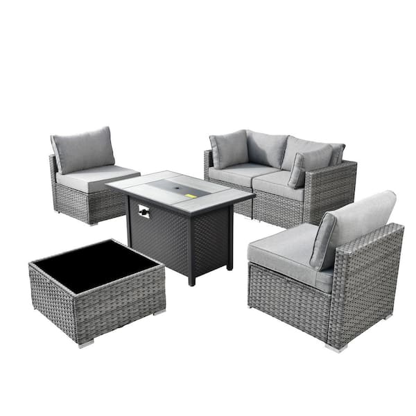 Sanibel Gray 6-Piece Wicker Outdoor Patio Conversation Sofa Sectional Set with a Metal Fire Pit and Dark Gray Cushions
