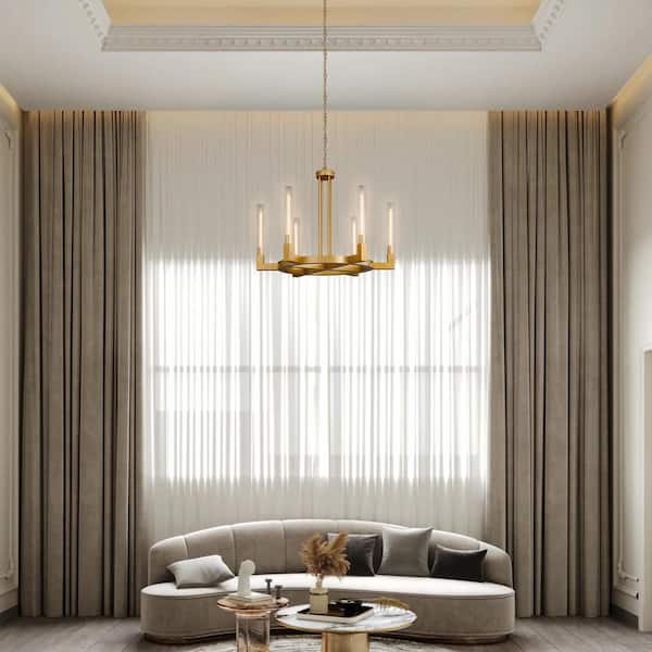 35 in. 6-Light Farmhouse Chandelier, Gold Wagon Wheel Chandelier with Glass Tube for Dining Room, Living Room, Entryway
