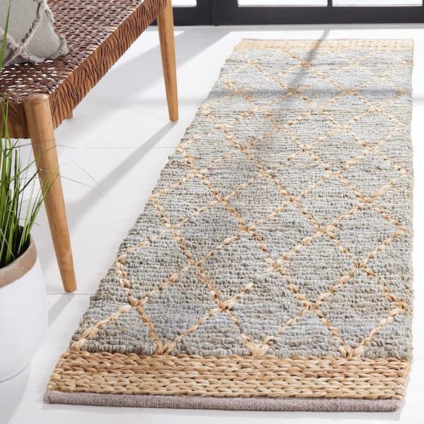 Natural Fiber Light Blue 3 ft. x 10 ft. Border Multi-Diamond Runner Rug