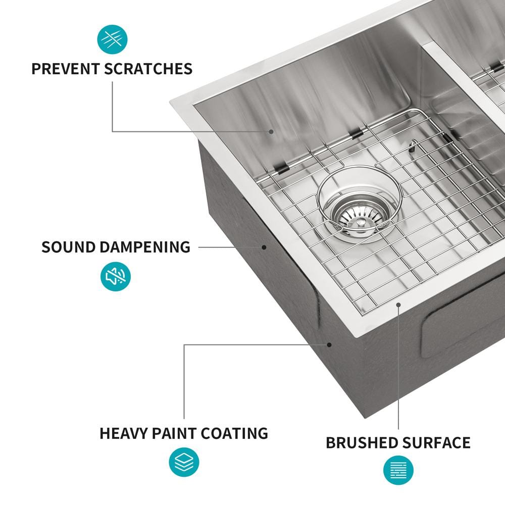 28'' Brushed Nickel Double Bowl Stainless Steel Undermount Kitchen Sink