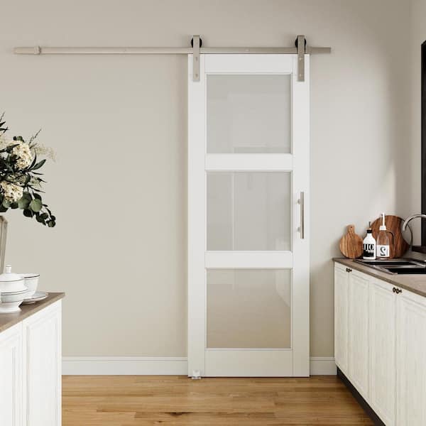 30 in. W. x 80 in. 3-Lite Frosted Glass White Primed MDF Sliding Barn Door with Hardware Kit Nickel Plated