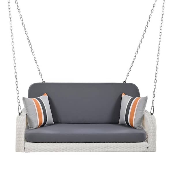 ITOPFOX 23.03 in. 2-Person White Wicker Porch Swing with Gray Cushions