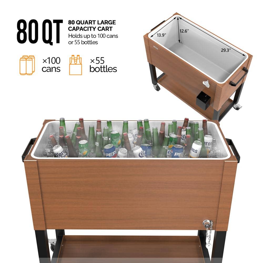 Brown 80 Quart Rolling Cooler Cart with Wheels and Cover