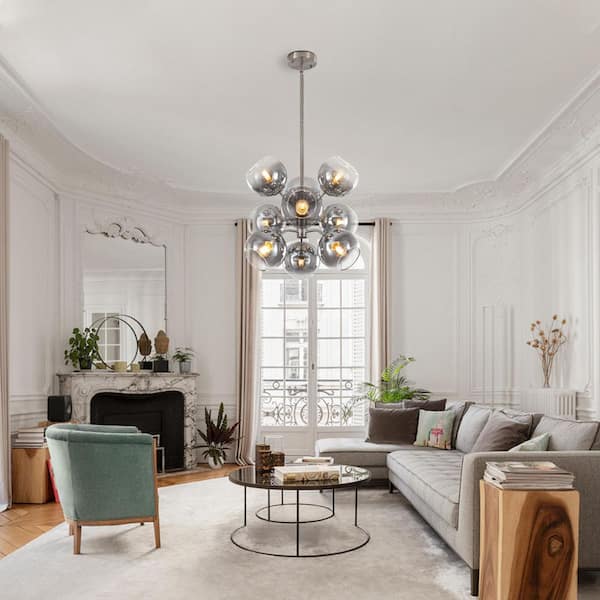 Modern 9-Light Nickel Branch Cluster Chandelier with Smoke Gray Glass Shades