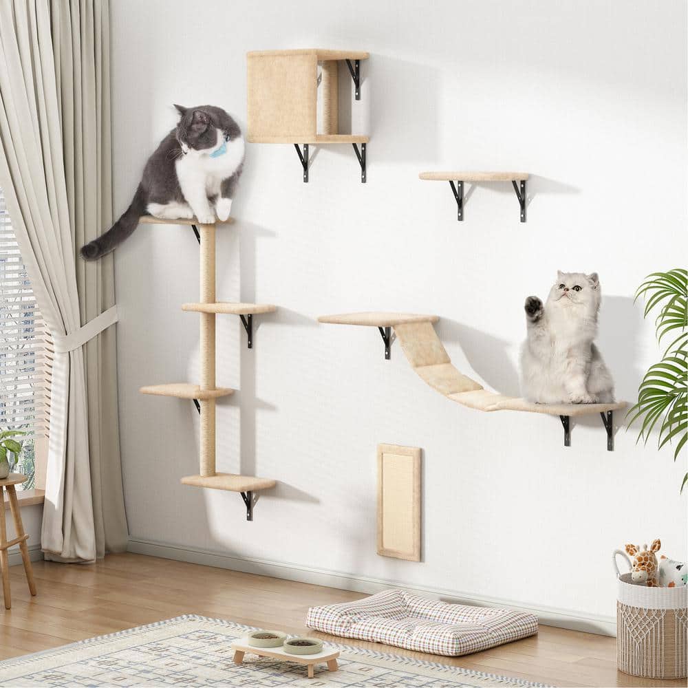 Beige Wall Mounted Cat Tree Set with Sisal Posts