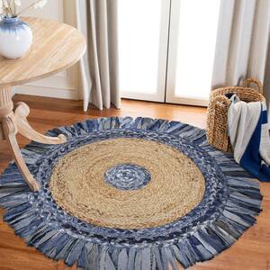 Misty Denim Blue 5 ft. 6 in. Round Casual Fringed Organic Jute Area Rug