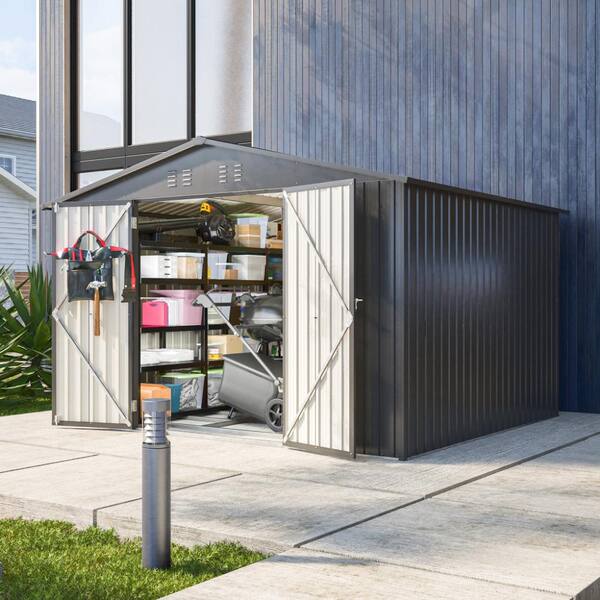 Black 10 ft. x 8 ft. All Weather Outdoor Metal Storage Shed with Lockable Doors and Floor Frame for Garden Backyard Lawn