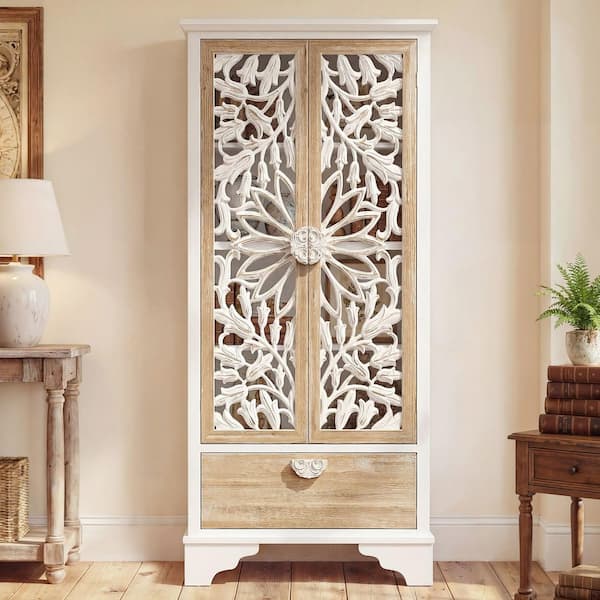 68.9 in. Tall White and Natural Wood 4-Shelf Accent Bookcase with Carved Doors and Bottom Drawer