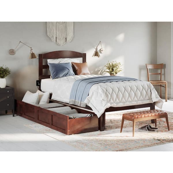 AFI Warren 38-1/4 in. W Walnut Twin Extra Long Size Solid Wood Frame with 2 Drawers and USB Device Charger Platform Bed