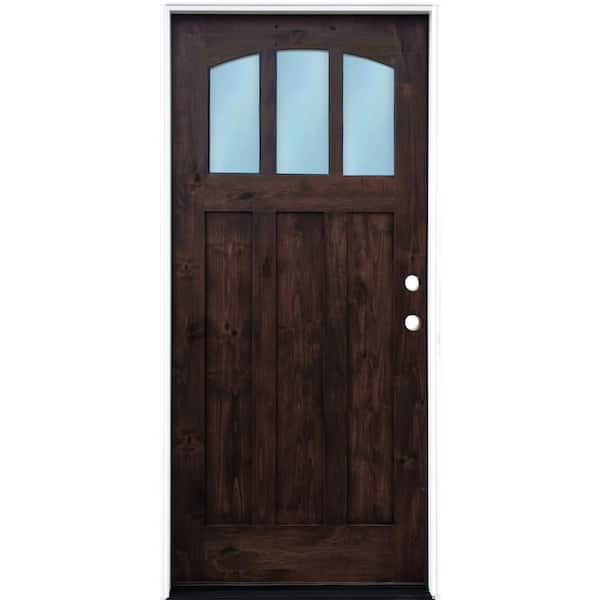 Pacific Entries 36 in. x 80 in. Craftsman Espresso Left Hand Inswing 3-lite w/ Arched Reed Glass Stained Alder Wood Pre-Hung Front Door