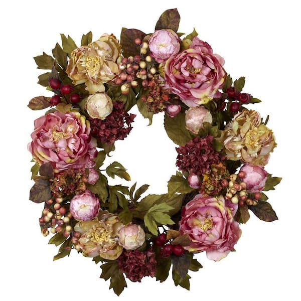 Nearly Natural 24.0 in. Artificial H Red Peony Hydrangea Wreath