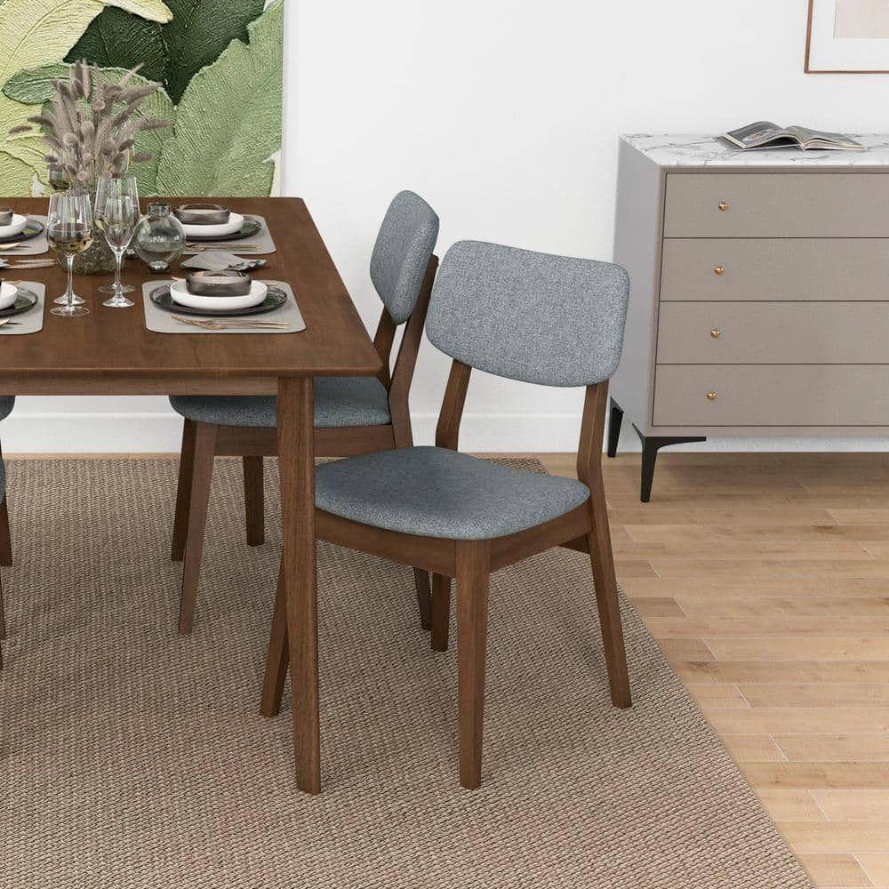 Gray Upholstered Microfiber Dining Chairs with Walnut Rubberwood Frame (Set of 2)