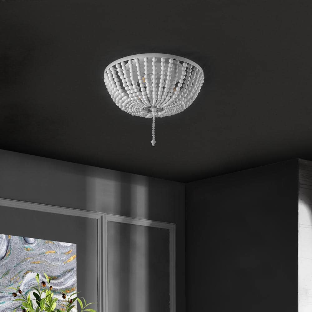 Allison 15" White Wood Beaded LED Flush Mount Light