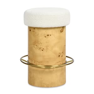 Nebula 26 in. Backless Round Upholstered Counter Stool with Burl Wood in Ivory White Boucle