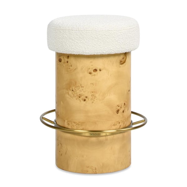 Jennifer Taylor Nebula 26 in. Backless Round Upholstered Counter Stool with Burl Wood in Ivory White Boucle