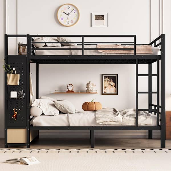 Black MDF+Metal Full Over Full Bunk Bed with Storage Shelves