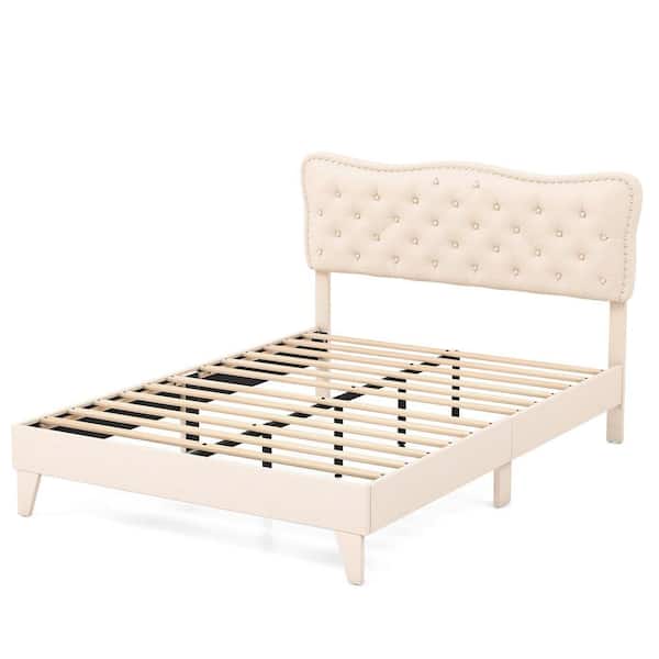Costway Beige Metal Frame Queen Upholstered Platform Bed Button-Tufted Headboard Mattress Foundation