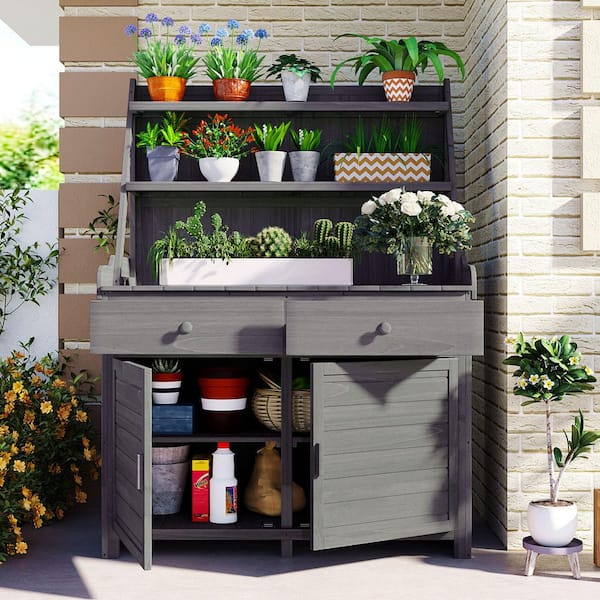 Unbranded 46.1 in. W x 65 in. Gray Potting Bench, Wood Workstation with Cabinet for Garden