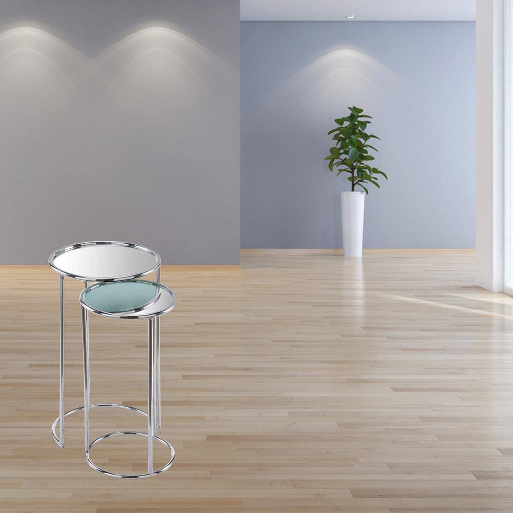 Elegant Round Mirrored Metal Nesting Tables, Set of 2