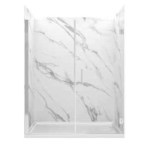 Marina 60 in. L x 30 in. W x 78 in. H Right Drain Alcove Shower Stall/Kit in Carrara White with Brushed Nickel Trim