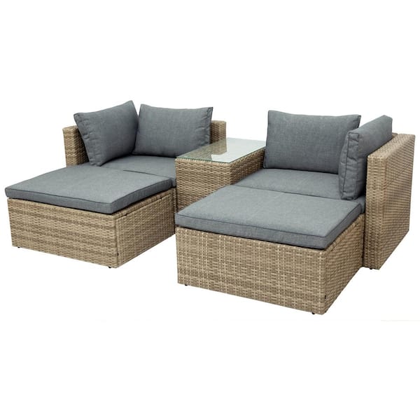 Willit 5-Piece Wicker Patio Conversation Sectional Seating Set with CushionGuard Gray Cushions