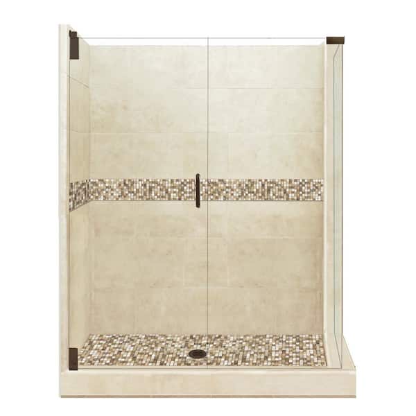 American Bath Factory Roma Grand Hinged 42 in. x 48 in. x 80 in. Left-Hand Corner Shower Kit in Brown Sugar and Old Bronze Hardware