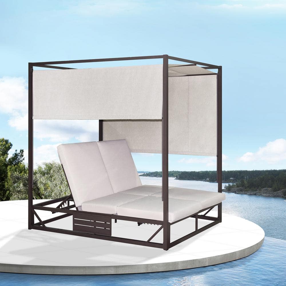 Outdoor Black Aluminum Frame Daybed with Beige Cushions