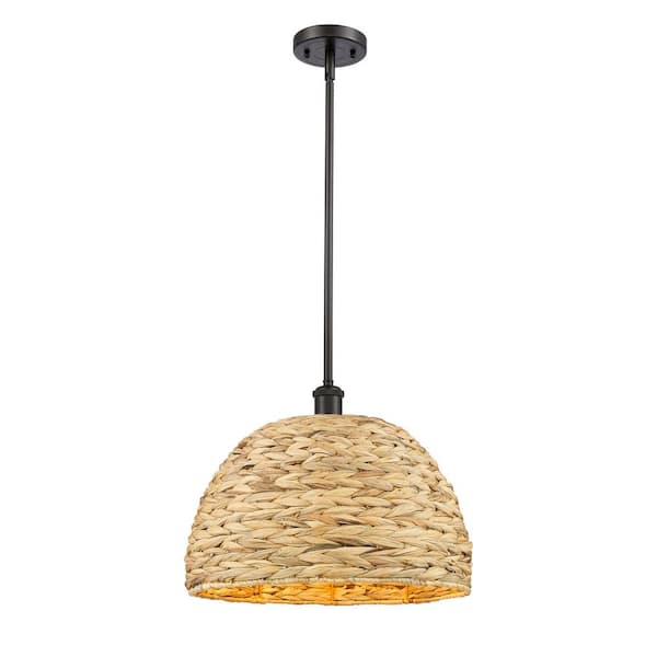 Innovations Woven Rattan 100-Watt 1-Light Oiled Brass Shaded Mini Pendant Light with Rattan Shade