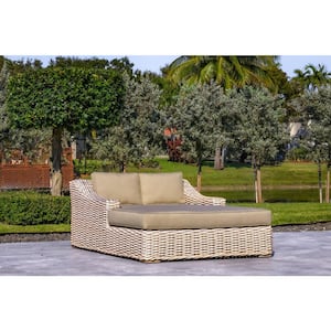 Anna White and Grey 1-Piece Wicker Aluminum Frame Extra Large Outdoor Double Chaise Lounge with Grey Sunbrella Cushions