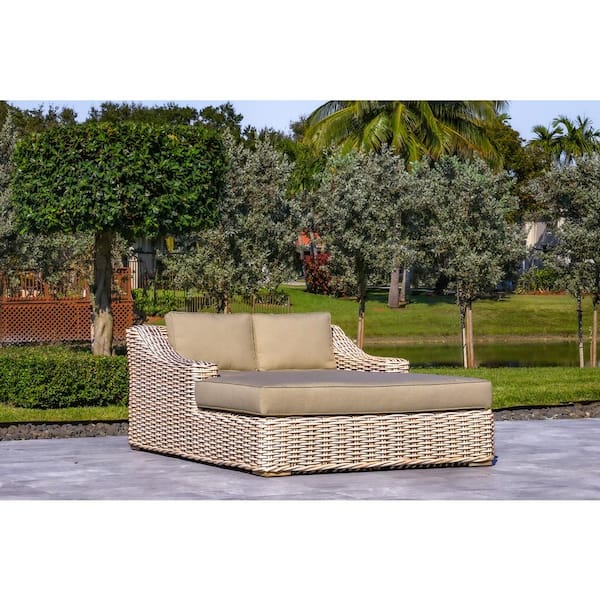 Anna White and Grey 1-Piece Wicker Aluminum Frame Extra Large Outdoor Double Chaise Lounge with Grey Sunbrella Cushions