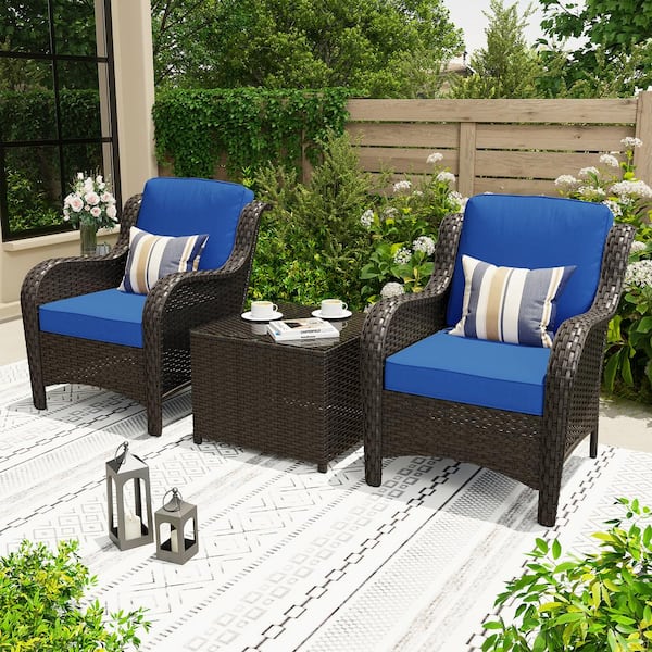 Polar 3-Piece Brown Wicker Patio Conversation Set with Navy Blue Cushions and Coffee Table